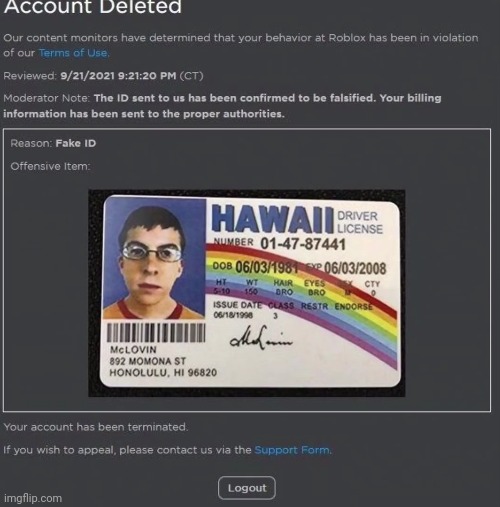 fake id | image tagged in banned from roblox | made w/ Imgflip meme maker