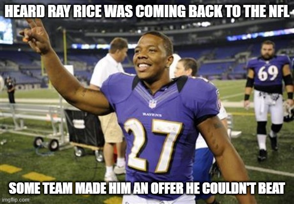 Return of the Ray? | HEARD RAY RICE WAS COMING BACK TO THE NFL; SOME TEAM MADE HIM AN OFFER HE COULDN'T BEAT | image tagged in ray rice2 | made w/ Imgflip meme maker