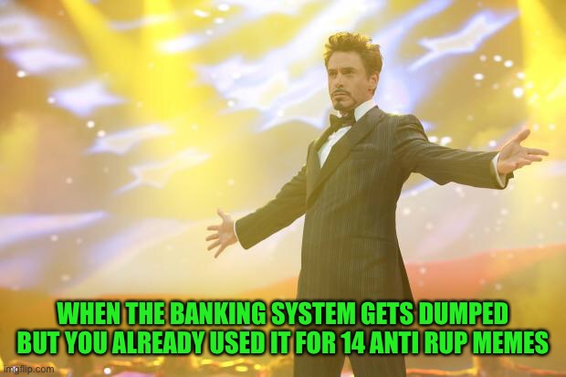Success in different ways | WHEN THE BANKING SYSTEM GETS DUMPED BUT YOU ALREADY USED IT FOR 14 ANTI RUP MEMES | image tagged in tony stark success | made w/ Imgflip meme maker