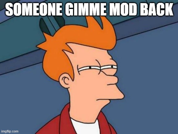 Futurama Fry Meme | SOMEONE GIMME MOD BACK | image tagged in memes,futurama fry | made w/ Imgflip meme maker