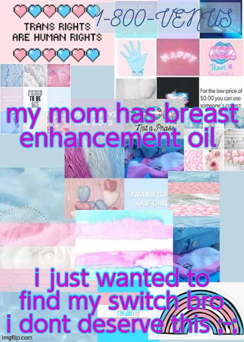 venus's trans temp (ty gummy) | my mom has breast enhancement oil; i just wanted to find my switch bro i dont deserve this ;-; | image tagged in venus's trans temp ty gummy | made w/ Imgflip meme maker