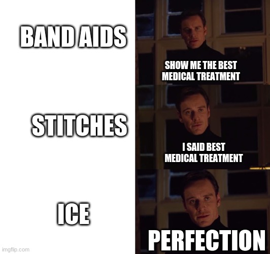 school nurses be like... | BAND AIDS; SHOW ME THE BEST MEDICAL TREATMENT; STITCHES; I SAID BEST MEDICAL TREATMENT; ICE; PERFECTION | image tagged in perfection,memes,school nurses | made w/ Imgflip meme maker