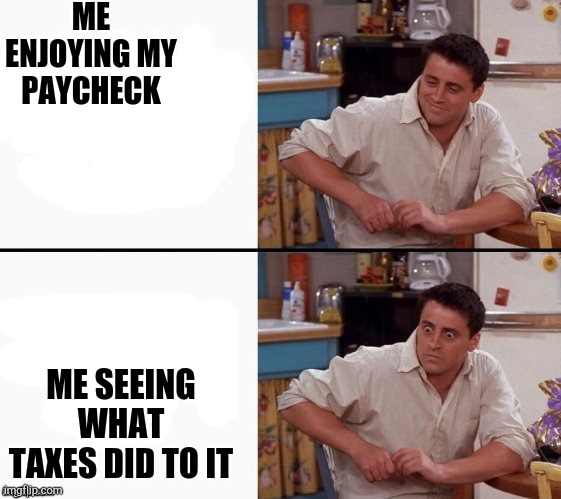 Comprehending Joey | ME ENJOYING MY PAYCHECK; ME SEEING WHAT TAXES DID TO IT | image tagged in comprehending joey | made w/ Imgflip meme maker