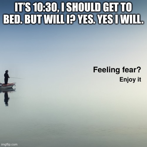 Feeling fear? Enjoy it. | IT’S 10:30, I SHOULD GET TO BED. BUT WILL I? YES. YES I WILL. | image tagged in feeling fear enjoy it | made w/ Imgflip meme maker