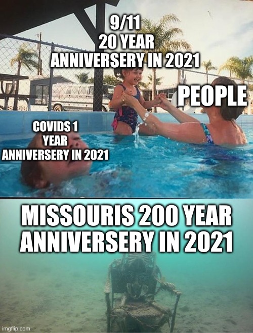 sinking skeleton | 9/11
 20 YEAR ANNIVERSERY IN 2021; PEOPLE; COVIDS 1 YEAR ANNIVERSERY IN 2021; MISSOURIS 200 YEAR ANNIVERSERY IN 2021 | image tagged in sinking skeleton,KarmaFarming4Pros | made w/ Imgflip meme maker