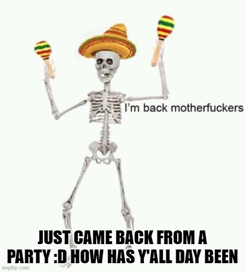 I'm back mfs | JUST CAME BACK FROM A PARTY :D HOW HAS Y'ALL DAY BEEN | image tagged in i'm back mfs | made w/ Imgflip meme maker