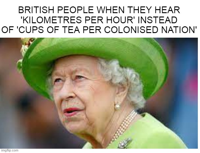 *earl grey flavoured confusion* | BRITISH PEOPLE WHEN THEY HEAR 'KILOMETRES PER HOUR' INSTEAD OF 'CUPS OF TEA PER COLONISED NATION' | image tagged in queen,queen elizabeth,tea,visible confusion,oh wow are you actually reading these tags | made w/ Imgflip meme maker