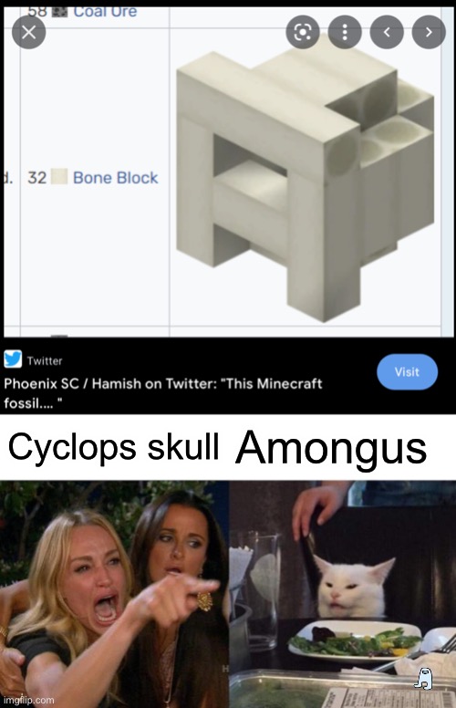 Cyclops skull; Amongus | image tagged in memes,woman yelling at cat | made w/ Imgflip meme maker