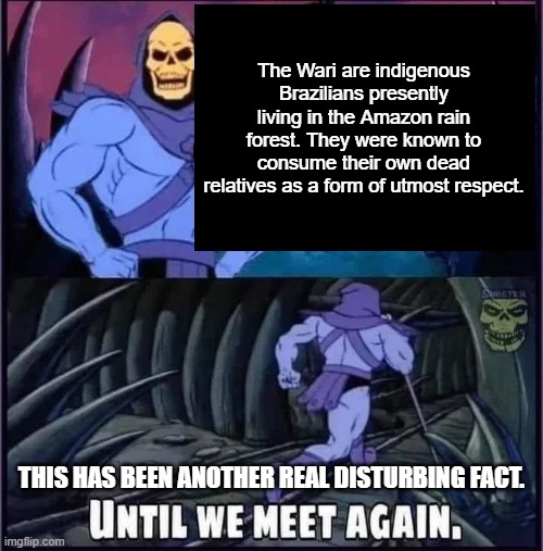 Until we meet again. | The Wari are indigenous Brazilians presently living in the Amazon rain forest. They were known to consume their own dead relatives as a form of utmost respect. THIS HAS BEEN ANOTHER REAL DISTURBING FACT. | image tagged in until we meet again | made w/ Imgflip meme maker