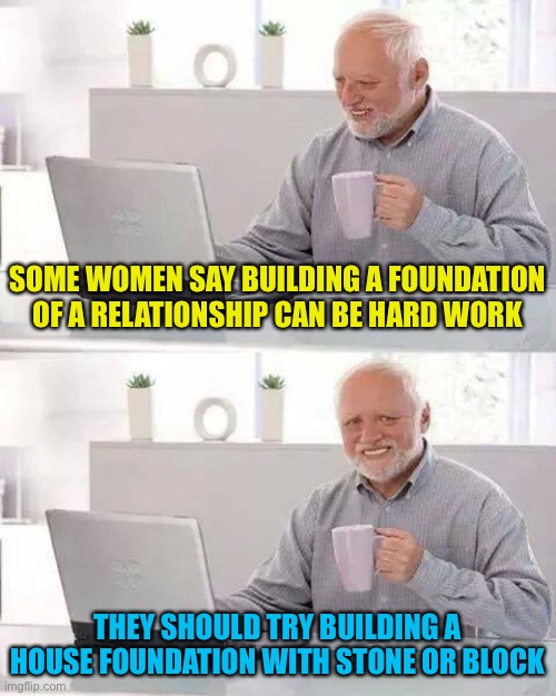Quoting it is one thing, doing it is another. Monster back pain | SOME WOMEN SAY BUILDING A FOUNDATION OF A RELATIONSHIP CAN BE HARD WORK; THEY SHOULD TRY BUILDING A HOUSE FOUNDATION WITH STONE OR BLOCK | image tagged in memes,hide the pain harold | made w/ Imgflip meme maker