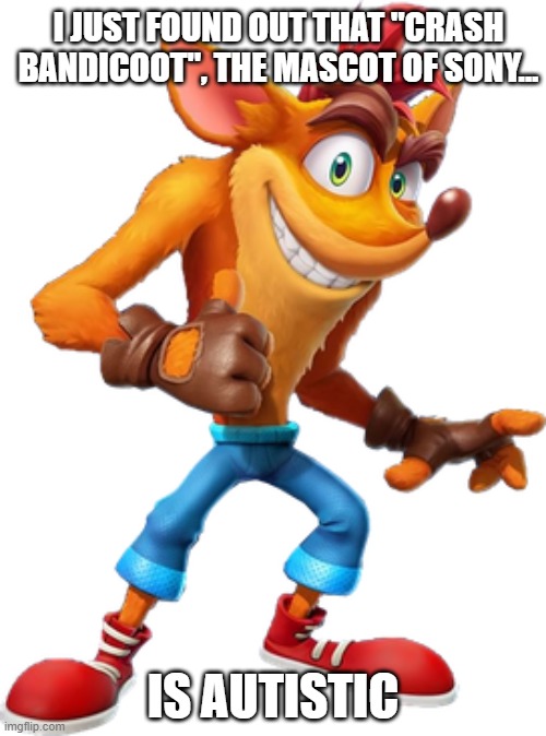 Not everyday you find out your childhood character was non-verbal autistic, I kinda like him more now xD | I JUST FOUND OUT THAT "CRASH BANDICOOT", THE MASCOT OF SONY... IS AUTISTIC | image tagged in autism,crash bandicoot,playstation,memes,mad pride,childhood | made w/ Imgflip meme maker