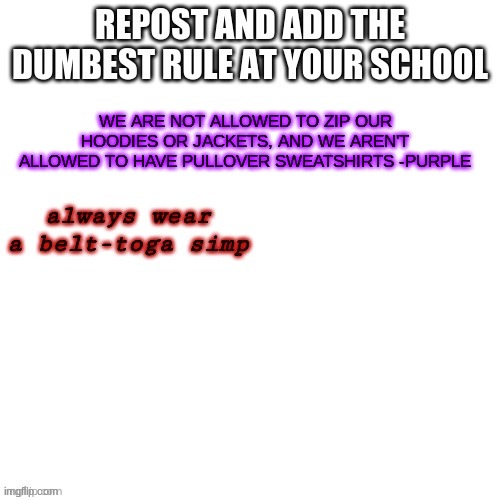WE ARE NOT ALLOWED TO ZIP OUR HOODIES OR JACKETS, AND WE AREN'T ALLOWED TO HAVE PULLOVER SWEATSHIRTS -PURPLE | made w/ Imgflip meme maker