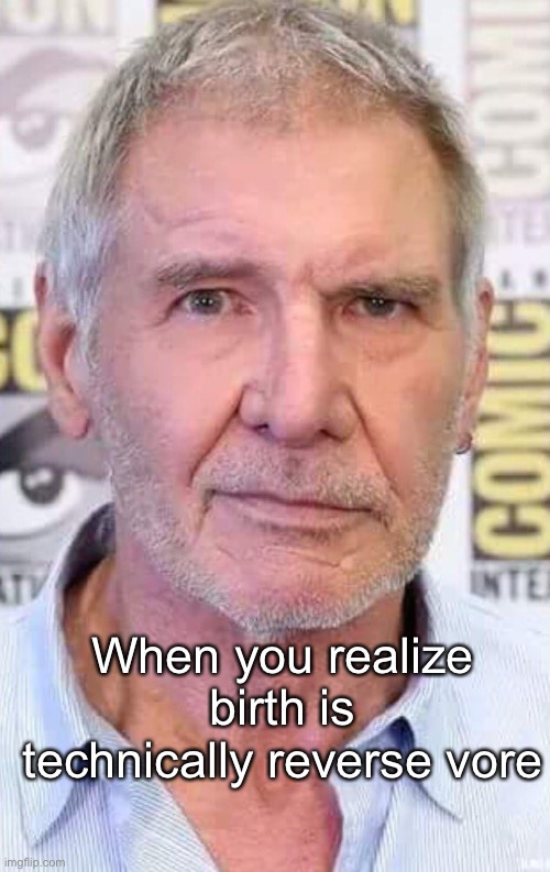This meme is infinity cringe | When you realize birth is technically reverse vore | image tagged in harrison ford,infinity cringe | made w/ Imgflip meme maker