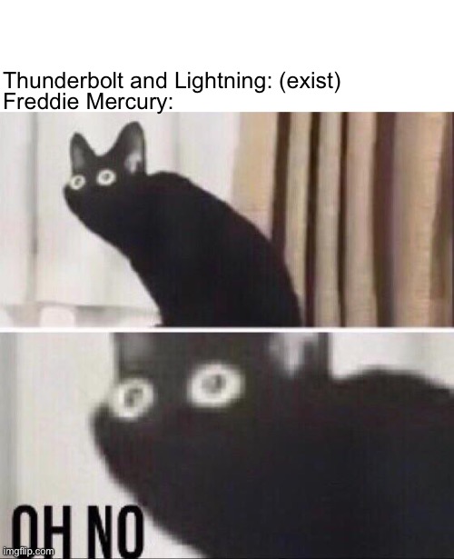 Only queen fans will understand | Thunderbolt and Lightning: (exist); Freddie Mercury: | image tagged in oh no cat | made w/ Imgflip meme maker