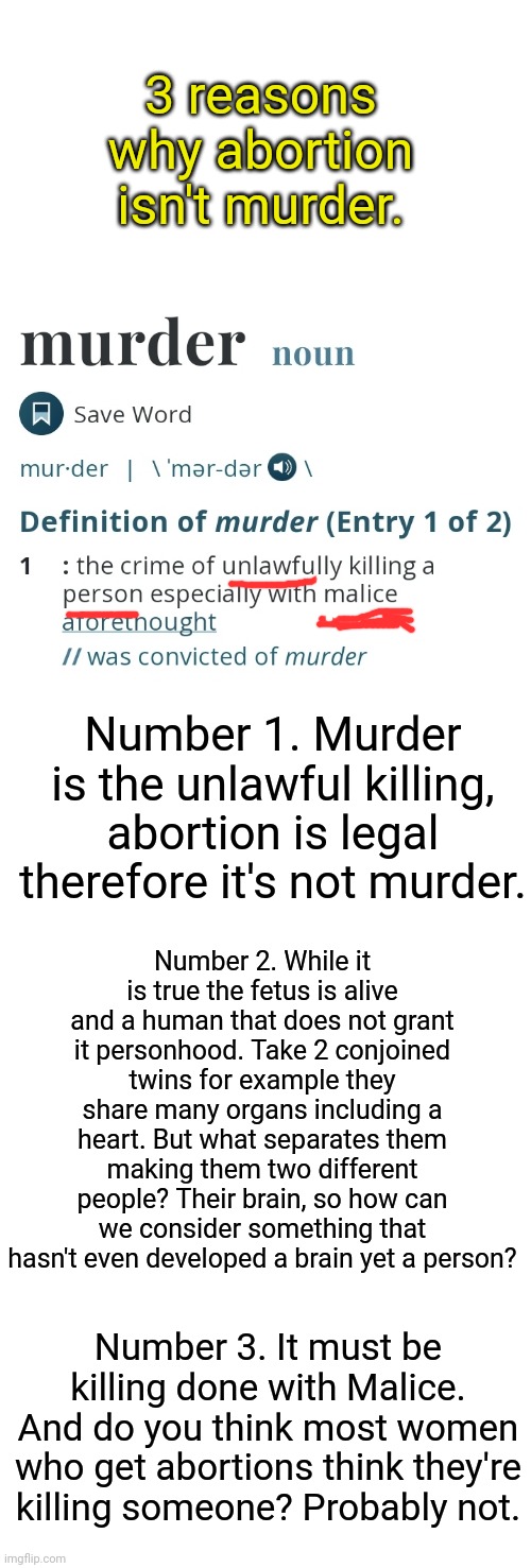 Go ahead and show conservatives this meme during an argument. | 3 reasons why abortion isn't murder. Number 1. Murder is the unlawful killing, abortion is legal therefore it's not murder. Number 2. While it is true the fetus is alive and a human that does not grant it personhood. Take 2 conjoined twins for example they share many organs including a heart. But what separates them making them two different people? Their brain, so how can we consider something that hasn't even developed a brain yet a person? Number 3. It must be killing done with Malice. And do you think most women who get abortions think they're killing someone? Probably not. | image tagged in they don't know,blank white template | made w/ Imgflip meme maker