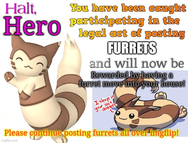 Reverse furret warning template | Hero; Rewarded by having a furret move into your house! Please continue posting furrets all over imgflip! | image tagged in furret,army,template,pokemon,cute animals | made w/ Imgflip meme maker