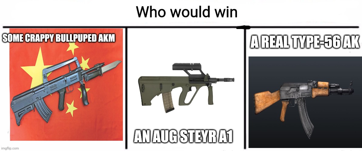 Rifle faceoff. | A REAL TYPE-56 AK; SOME CRAPPY BULLPUPED AKM; AN AUG STEYR A1 | image tagged in 3x who would win,aug,ak47,bullpup,guns,rifle | made w/ Imgflip meme maker