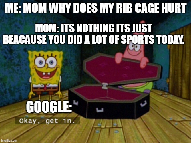 Ok Get In! | ME: MOM WHY DOES MY RIB CAGE HURT; MOM: ITS NOTHING ITS JUST BEACAUSE YOU DID A LOT OF SPORTS TODAY. GOOGLE: | image tagged in ok get in | made w/ Imgflip meme maker