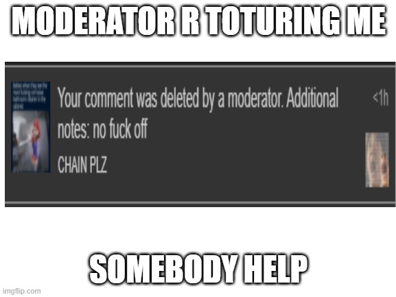 Blank White Template | MODERATOR R TOTURING ME; SOMEBODY HELP | image tagged in blank white template | made w/ Imgflip meme maker