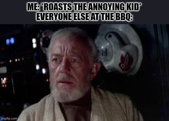 Disturbance in the force | ME: *ROASTS THE ANNOYING KID*
EVERYONE ELSE AT THE BBQ: | image tagged in disturbance in the force | made w/ Imgflip meme maker