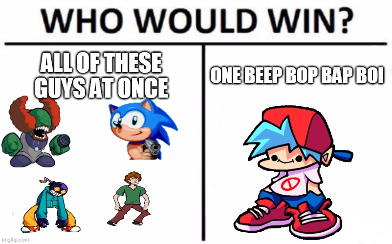 Who Would Win? Meme | ALL OF THESE GUYS AT ONCE; ONE BEEP BOP BAP BOI | image tagged in memes,who would win | made w/ Imgflip meme maker