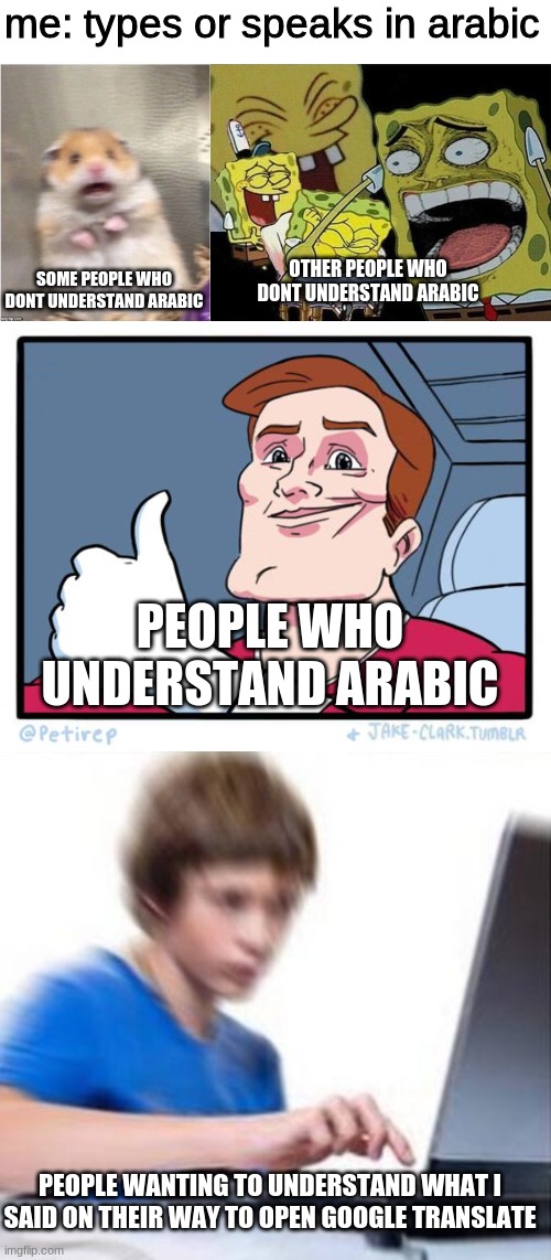 me: types or speaks in arabic; SOME PEOPLE WHO DONT UNDERSTAND ARABIC; OTHER PEOPLE WHO DONT UNDERSTAND ARABIC; PEOPLE WHO UNDERSTAND ARABIC; PEOPLE WANTING TO UNDERSTAND WHAT I SAID ON THEIR WAY TO OPEN GOOGLE TRANSLATE | image tagged in scared hamster,spongebob laughing hysterically,both buttons pressed,ok mom bye | made w/ Imgflip meme maker
