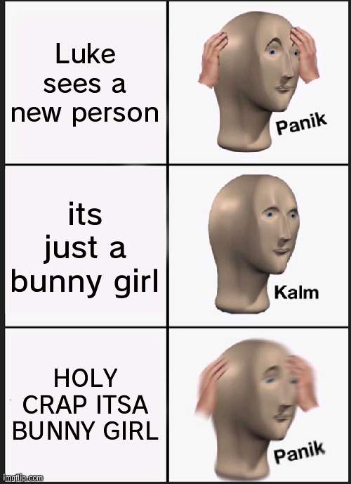 Panik Kalm Panik Meme | Luke sees a new person its just a bunny girl HOLY CRAP ITSA BUNNY GIRL | image tagged in memes,panik kalm panik | made w/ Imgflip meme maker