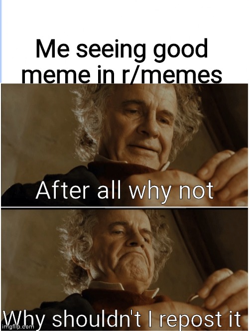 Literally everyone in r/memes | Me seeing good meme in r/memes; After all why not; Why shouldn't I repost it | image tagged in bilbo - why shouldn t i keep it | made w/ Imgflip meme maker