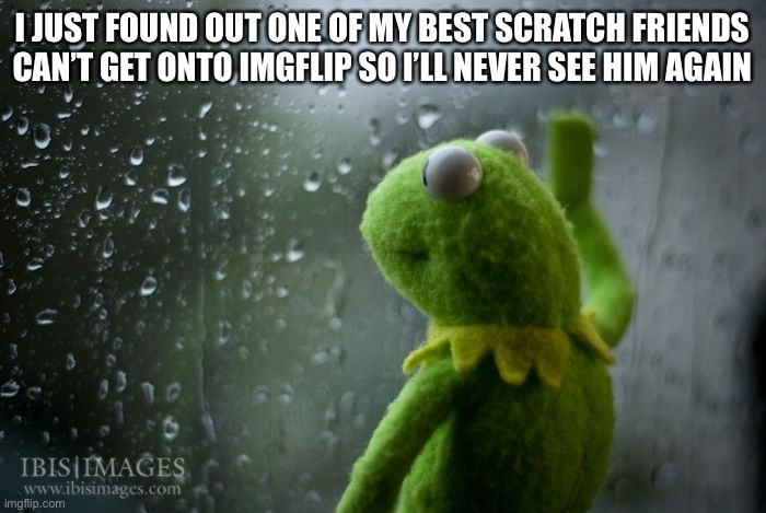 :’(( | I JUST FOUND OUT ONE OF MY BEST SCRATCH FRIENDS CAN’T GET ONTO IMGFLIP SO I’LL NEVER SEE HIM AGAIN | image tagged in kermit window | made w/ Imgflip meme maker