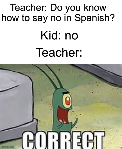 He’s not wrong | Teacher: Do you know how to say no in Spanish? Kid: no; Teacher: | image tagged in plankton correct,school,spanish | made w/ Imgflip meme maker