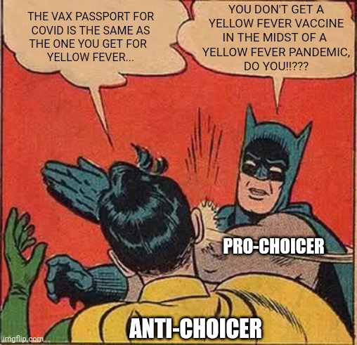 Pro-choice vs Anti-choice | YOU DON'T GET A
YELLOW FEVER VACCINE
IN THE MIDST OF A 
YELLOW FEVER PANDEMIC,
DO YOU!!??? THE VAX PASSPORT FOR
COVID IS THE SAME AS
THE ONE YOU GET FOR  
YELLOW FEVER... PRO-CHOICER; ANTI-CHOICER | image tagged in memes,batman slapping robin | made w/ Imgflip meme maker