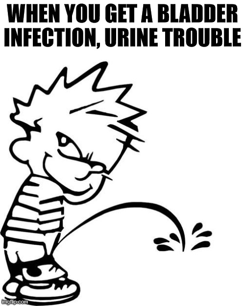 Calvin Peeing | WHEN YOU GET A BLADDER INFECTION, URINE TROUBLE | image tagged in calvin peeing,eye roll | made w/ Imgflip meme maker