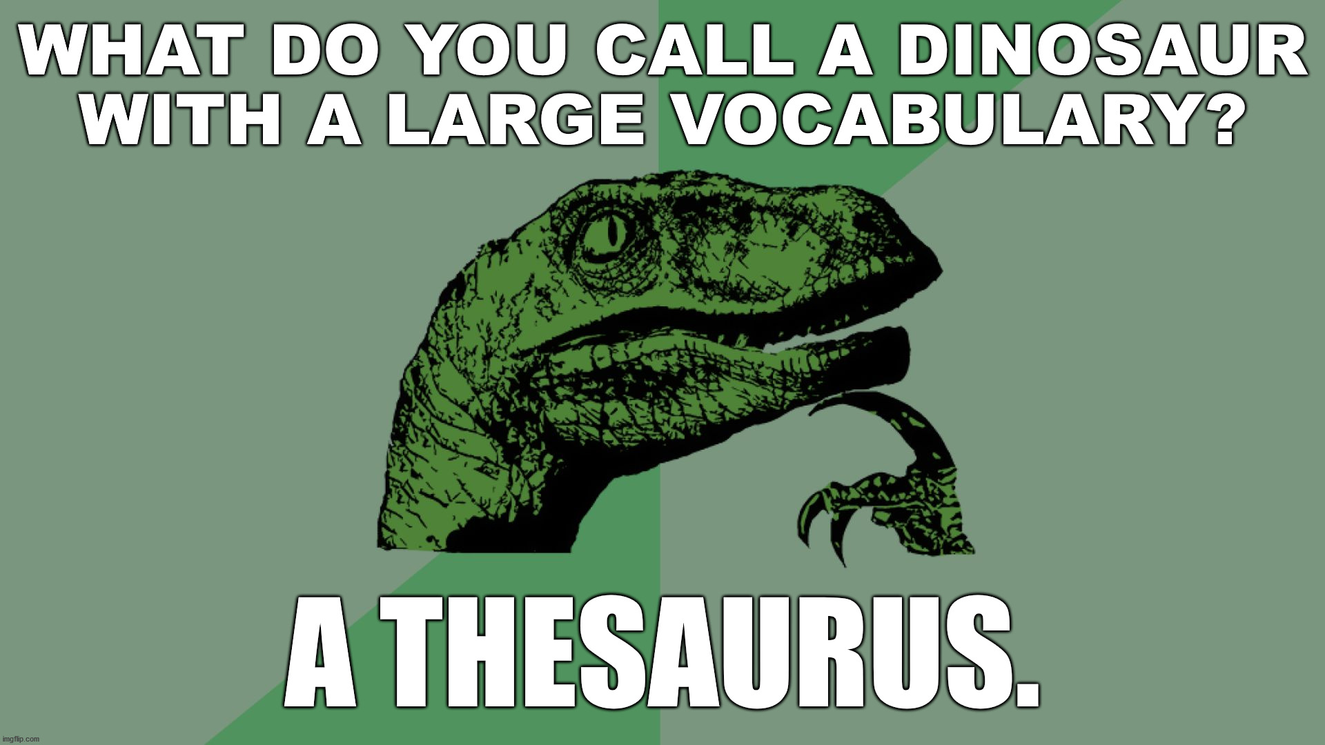 Philosophy Dinosaur | WHAT DO YOU CALL A DINOSAUR WITH A LARGE VOCABULARY? A THESAURUS. | image tagged in philosophy dinosaur,eye roll | made w/ Imgflip meme maker