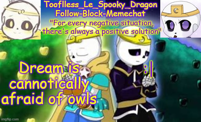 ok | Dream is cannotically afraid of owls; :| | image tagged in tooflless's dreamtale temp | made w/ Imgflip meme maker