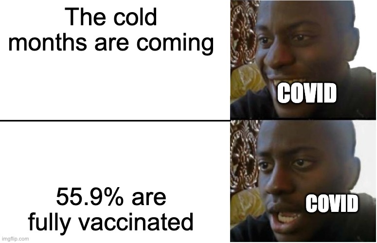 covid meme to cheer everyone up during these tough times :) | The cold months are coming; COVID; 55.9% are fully vaccinated; COVID | image tagged in disappointed black guy | made w/ Imgflip meme maker