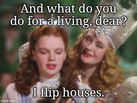 Dorothy Flip | And what do you do for a living, dear? I flip houses. | image tagged in dorothy wizard of oz good witch,memes | made w/ Imgflip meme maker