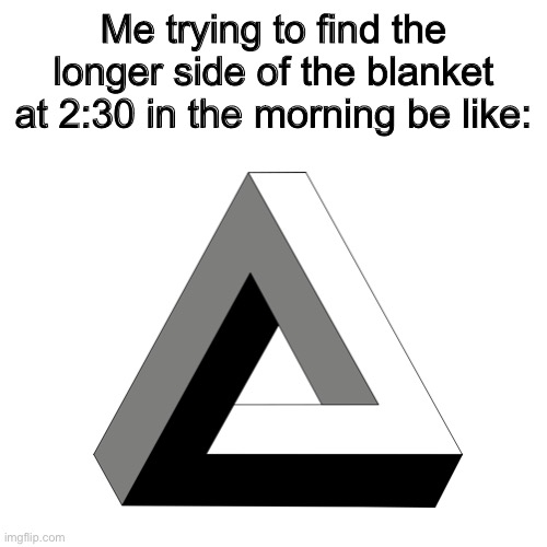 Why is it so hard? | Me trying to find the longer side of the blanket at 2:30 in the morning be like: | image tagged in blanket,long,side,illusions,confused | made w/ Imgflip meme maker