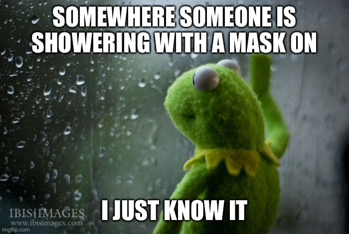 kermit window | SOMEWHERE SOMEONE IS SHOWERING WITH A MASK ON; I JUST KNOW IT | image tagged in kermit window | made w/ Imgflip meme maker