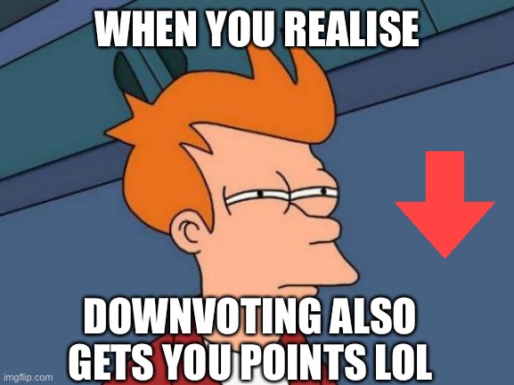 downvote | WHEN YOU REALISE; DOWNVOTING ALSO GETS YOU POINTS LOL | image tagged in memes,futurama fry,downvote | made w/ Imgflip meme maker