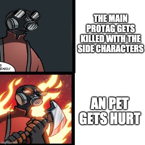 Syuff | THE MAIN PROTAG GETS KILLED WITH THE SIDE CHARACTERS; AN PET GETS HURT | image tagged in tf2 pyro mad | made w/ Imgflip meme maker
