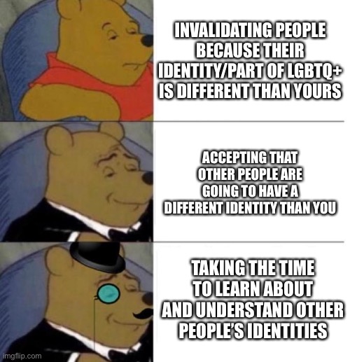 Just your daily reminder to respect one another | INVALIDATING PEOPLE BECAUSE THEIR IDENTITY/PART OF LGBTQ+ IS DIFFERENT THAN YOURS; ACCEPTING THAT OTHER PEOPLE ARE GOING TO HAVE A DIFFERENT IDENTITY THAN YOU; TAKING THE TIME TO LEARN ABOUT AND UNDERSTAND OTHER PEOPLE’S IDENTITIES | image tagged in tuxedo winnie the pooh 3 panel | made w/ Imgflip meme maker