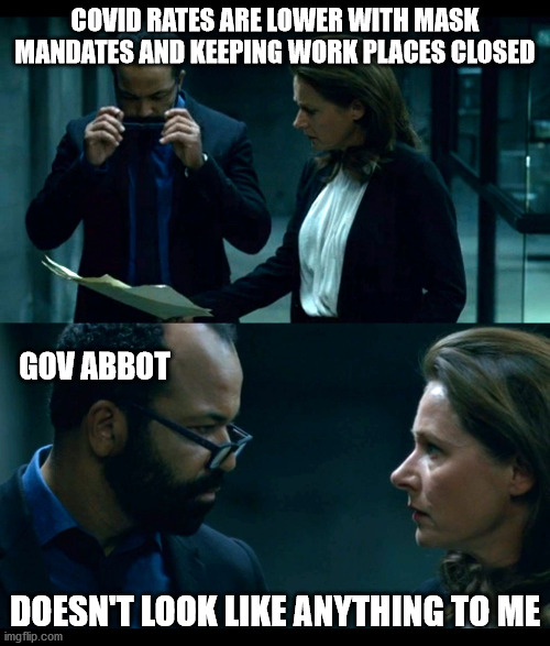 WestWorld: Doesn't look like anything to me | COVID RATES ARE LOWER WITH MASK MANDATES AND KEEPING WORK PLACES CLOSED; GOV ABBOT; DOESN'T LOOK LIKE ANYTHING TO ME | image tagged in westworld doesn't look like anything to me | made w/ Imgflip meme maker
