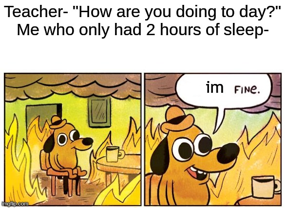 This Is Fine Meme | Teacher- "How are you doing to day?"
Me who only had 2 hours of sleep-; im | image tagged in memes,this is fine,funny | made w/ Imgflip meme maker