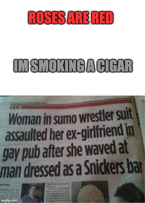 roses are red... | ROSES ARE RED; IM SMOKING A CIGAR | image tagged in gay,weird headlines,newspaper | made w/ Imgflip meme maker