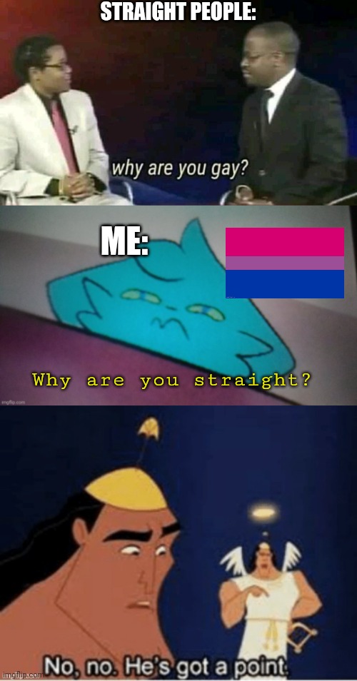 Hehe so true | STRAIGHT PEOPLE:; ME:; Why are you straight? | image tagged in why are you gay,lgbtq,bisexual,pride | made w/ Imgflip meme maker