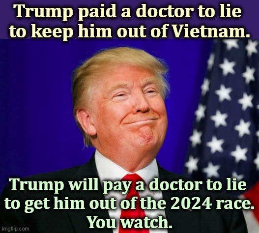 Trump may have been a catastrophe as a businessman, but he knows how to buy doctors.Our Presidential candidate will go 4-F. | Trump paid a doctor to lie 
to keep him out of Vietnam. Trump will pay a doctor to lie 
to get him out of the 2024 race.
You watch. | image tagged in trump smile,trump,fake,illness,vietnam,2024 | made w/ Imgflip meme maker