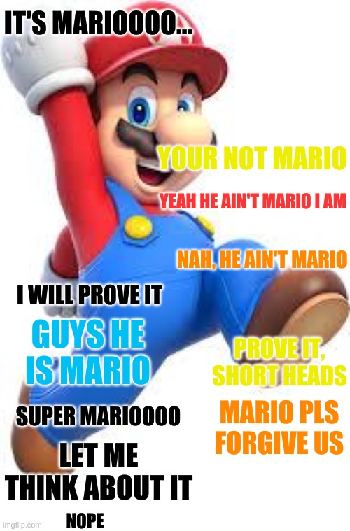He ain't Mario | IT'S MARIOOOO... YOUR NOT MARIO; YEAH HE AIN'T MARIO I AM; NAH, HE AIN'T MARIO; I WILL PROVE IT; GUYS HE IS MARIO; PROVE IT, SHORT HEADS; SUPER MARIOOOO; MARIO PLS FORGIVE US; LET ME THINK ABOUT IT; NOPE | image tagged in mario | made w/ Imgflip meme maker