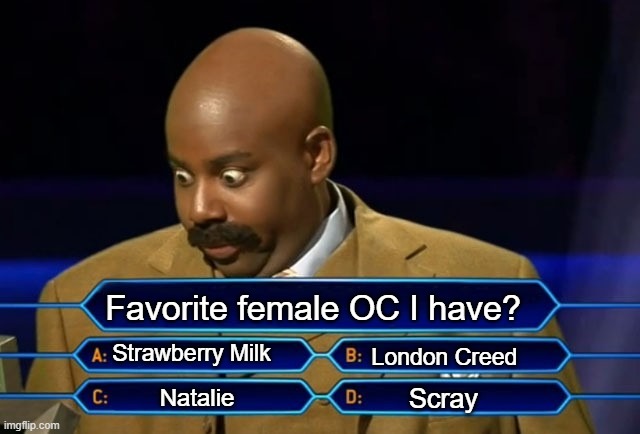 Who wants to be a millionaire? | Favorite female OC I have? Strawberry Milk; London Creed; Scray; Natalie | image tagged in who wants to be a millionaire | made w/ Imgflip meme maker