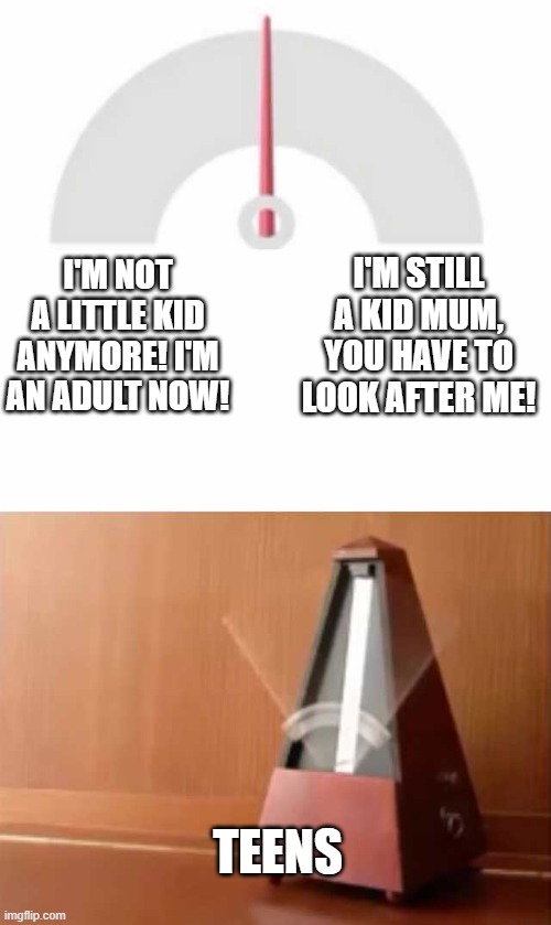 Metronome | I'M STILL A KID MUM, YOU HAVE TO LOOK AFTER ME! I'M NOT A LITTLE KID ANYMORE! I'M AN ADULT NOW! TEENS | image tagged in metronome,teenagers | made w/ Imgflip meme maker