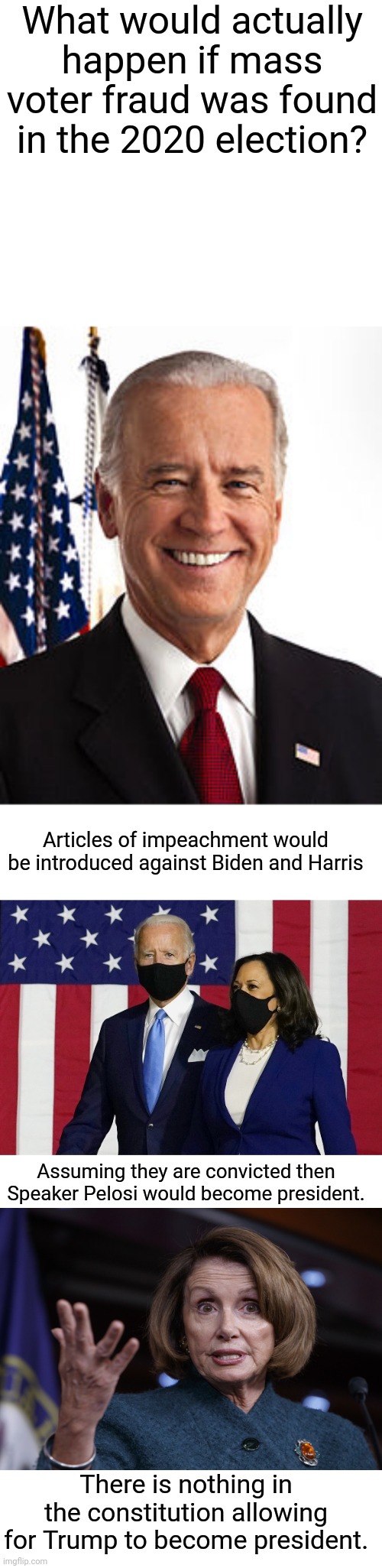 They really want Pelosi to become president. | What would actually happen if mass voter fraud was found in the 2020 election? Articles of impeachment would be introduced against Biden and Harris; Assuming they are convicted then Speaker Pelosi would become president. There is nothing in the constitution allowing for Trump to become president. | image tagged in memes,joe biden,biden and kamala 2020,blank white template | made w/ Imgflip meme maker